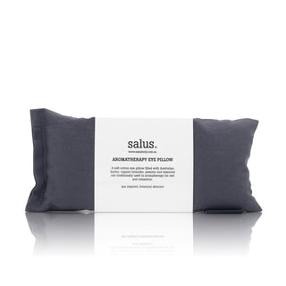 Gray eye pillow with white label on a white background