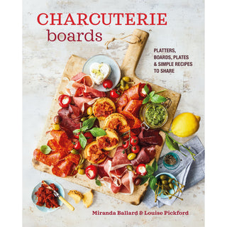 Book cover of 'Charcuterie Boards' with a platter of food and text about platters, boards, plates, and recipes.