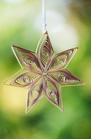 Decorative paper star hanging against a blurred green background