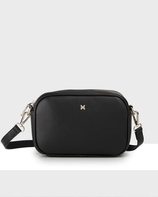 Black crossbody bag with a visible brand logo on a white background
