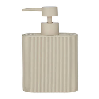 Beige ribbed soap dispenser on a white background