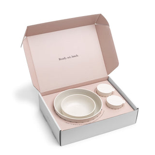 Set of ceramic bowls in a pink and white box with 'Ready, set, lunch.' text.