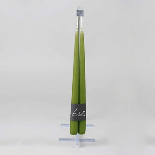 Two green candles on a stand with a gray background