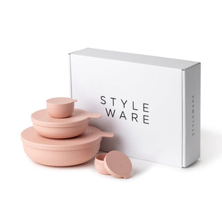 Set of pink ceramic bowls with a 'STYLE WARE' box on a white background