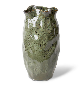 Green ceramic vase with textured surface on a white background