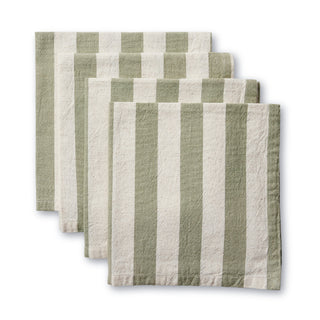 Set of four green and white striped napkin on a white background