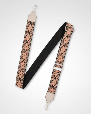 Black and pink patterned strap with metal buckle on a white background