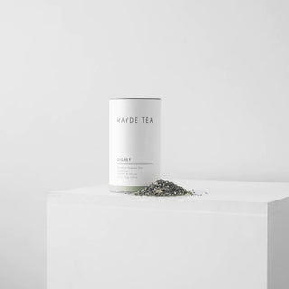 Mayde Tea Digest canister with loose tea on a white background