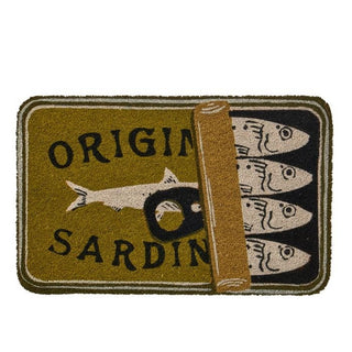Doormat with sardine can and fish design on a white background