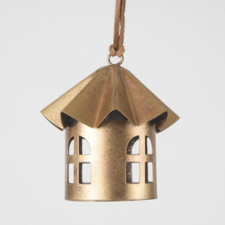 Bronze hanging lantern with geometric design on a white background