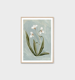Framed artwork of white flowers and green leaves on a light blue background