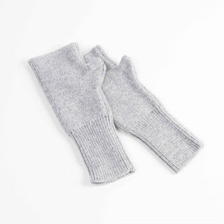 Pair of gray fingerless gloves on a white background