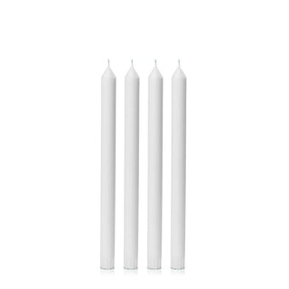 Five white candles of varying heights on a white background