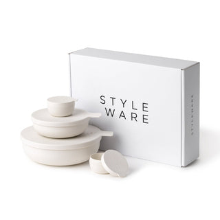 Set of white ceramic bowls with a 'STYLE WARE' box on a white background
