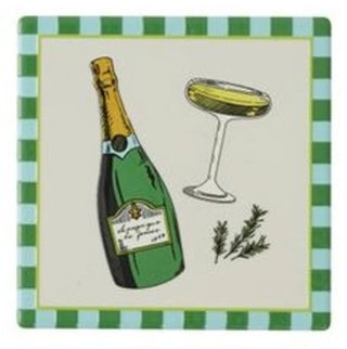 Coaster with a design of a champagne bottle and glass on a checkered border