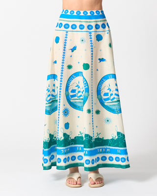 Long skirt with blue and green patterns on a white background