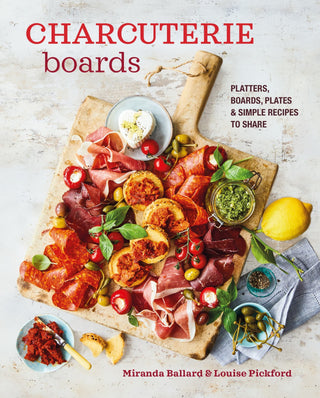Book cover of 'Charcuterie Boards' with a platter of food on a wooden board.