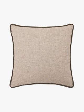 Beige cushion with a dark brown border on a white background