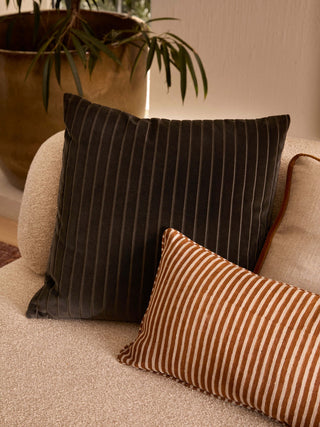 Two striped pillows on a beige couch with a plant in the background.