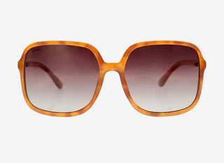 Sunglasses with tortoiseshell frame and gradient lenses on a white background