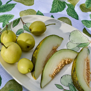 Plate with green fruits and sliced melon on a patterned cloth background