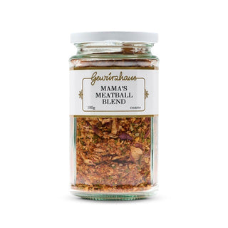 Jar of 'Mama's Meatball Blend' spice mix with a white label on a white background