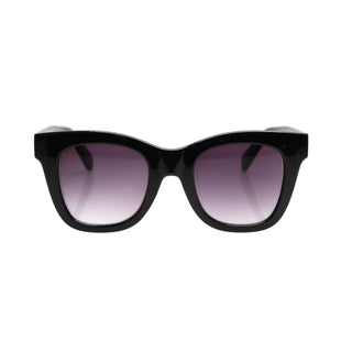 Black sunglasses with purple gradient lenses on a white background