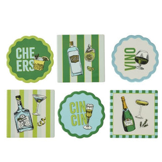 Set of six coasters with various drink-themed coaster designs on a white background