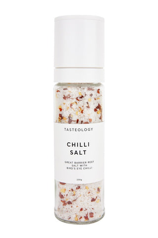 Bottle of Tasteology Chilli Salt on a white background