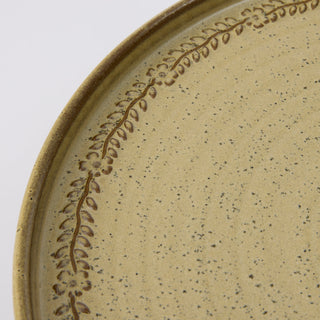 Close-up of a ceramic plate with a decorative edge on a white background