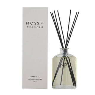 Moss St. Fragrances Gardenia diffuser with packaging on a white background