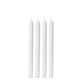 Five white candles of varying heights on a white background