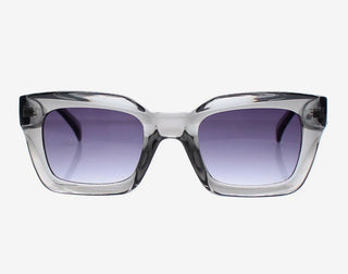 Sunglasses with clear frame and purple gradient lenses on a white background