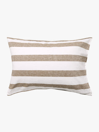 Striped pillow with brown and white stripes on a white background