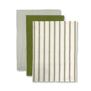 Three striped dish towels in green, white, and a mix of both on a white background