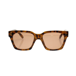Sunglasses with tortoiseshell frame and brown lenses on a white background