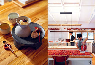 Two images: one of a small dish on a wooden table, the other of a kitchen with people working.