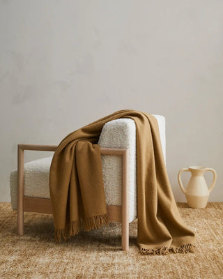 Brown blanket draped over a chair with a neutral background