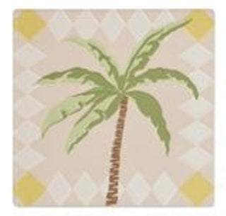 Coaster with palm tree design on a patterned background