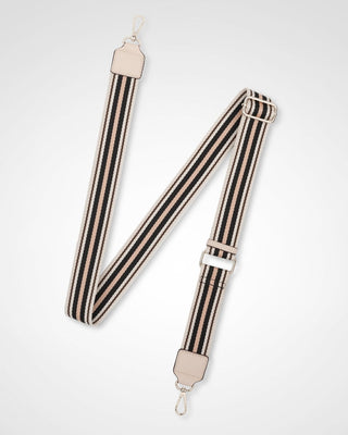 Striped bag strap with beige and black pattern on a white background