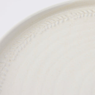 Close-up of a white ceramic plate with subtle patterns on a light gray background