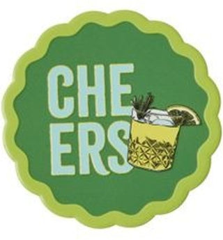 Green coaster with 'CHEERS' text and cocktail illustration on a white background
