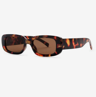 Sunglasses with tortoiseshell frame and brown lenses on a white background