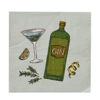 Napkin with a green gin bottle, martini glass, and garnishes on a white background