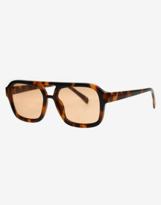 Sunglasses with tortoiseshell frame and brown lenses on a white background