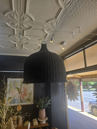 Black pendant light hanging from a decorative ceiling in a room with plants and artwork.