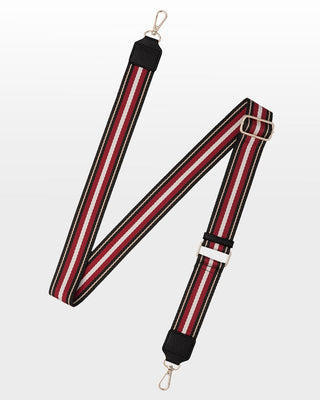 Striped lanyard with black, red, and white pattern on a white background