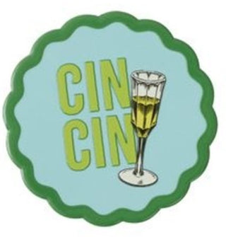 Decorative sticker with 'CIN CIN' text and a champagne glass on a light blue background.