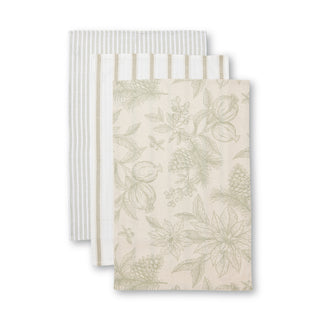 Set of three kitchen towels with different patterns on a white background