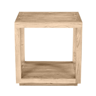 Wooden side table with a natural finish on a white background
